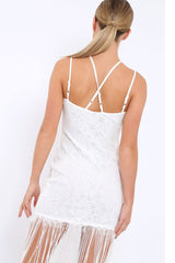 White Lace Dress with Long Tassel Hems - Zana-Dresses