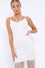 White Lace Dress with Long Tassel Hems - Zana-Dresses