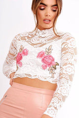 White Lace Embroidered High Neck Crop Top - Larissa-Crop Tops
