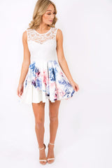 White Lace & Floral Layered Skater Dress - Francesca-Dresses