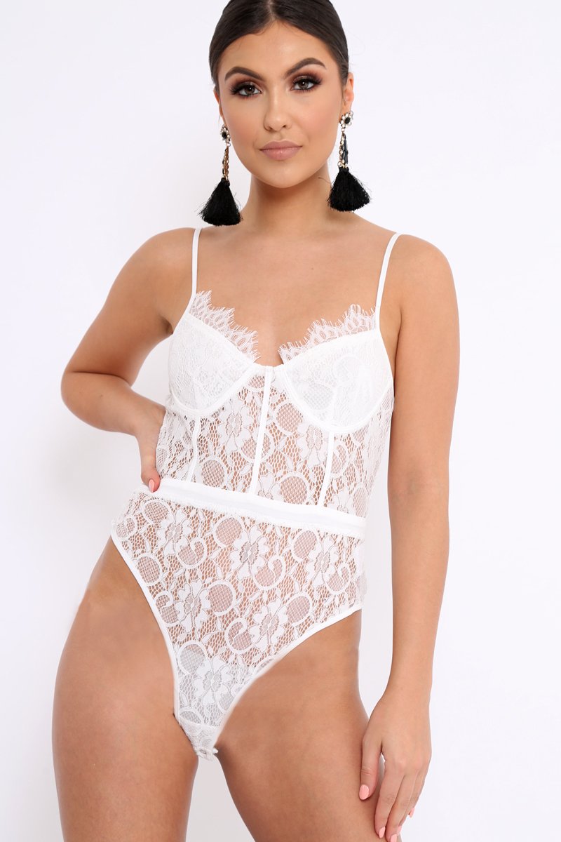 White Lace Flower Bodysuit - Faylen-Bodysuits