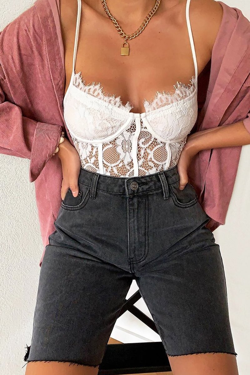 White Lace Flower Bodysuit - Faylen-Bodysuits