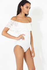 White Lace Frill Bardot Bodysuit - Tonika-Bodysuits
