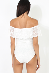 White Lace Frill Bardot Bodysuit - Tonika-Bodysuits