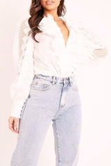 White Lace Frill Covered Button Up Shirt - Priscila-Shirts