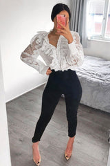 White Lace Frill Covered Button Up Shirt - Priscila-Shirts