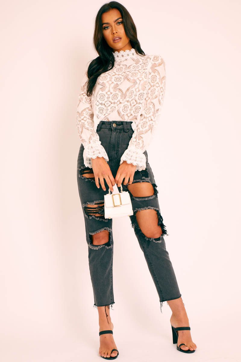 White Lace High Neck Blouse - Bay-Blouse