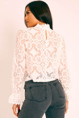 White Lace High Neck Blouse - Bay-Blouse