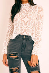 White Lace High Neck Blouse - Bay-Blouse