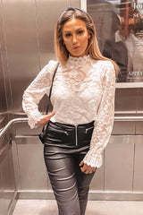 White Lace High Neck Blouse - Bay-Blouse