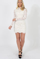 White Lace High Neck Mini Dress - Taya-Dresses