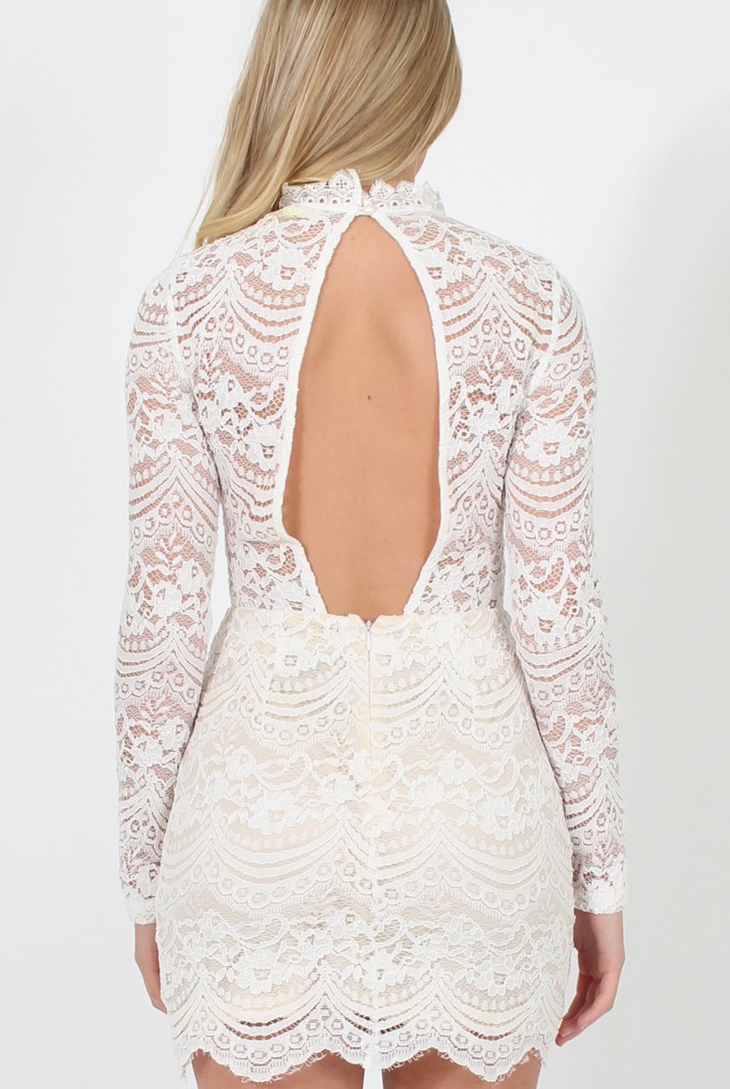 White Lace High Neck Mini Dress - Taya-Dresses