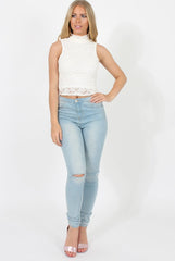 White Lace High Neck Top - Leni-Tops