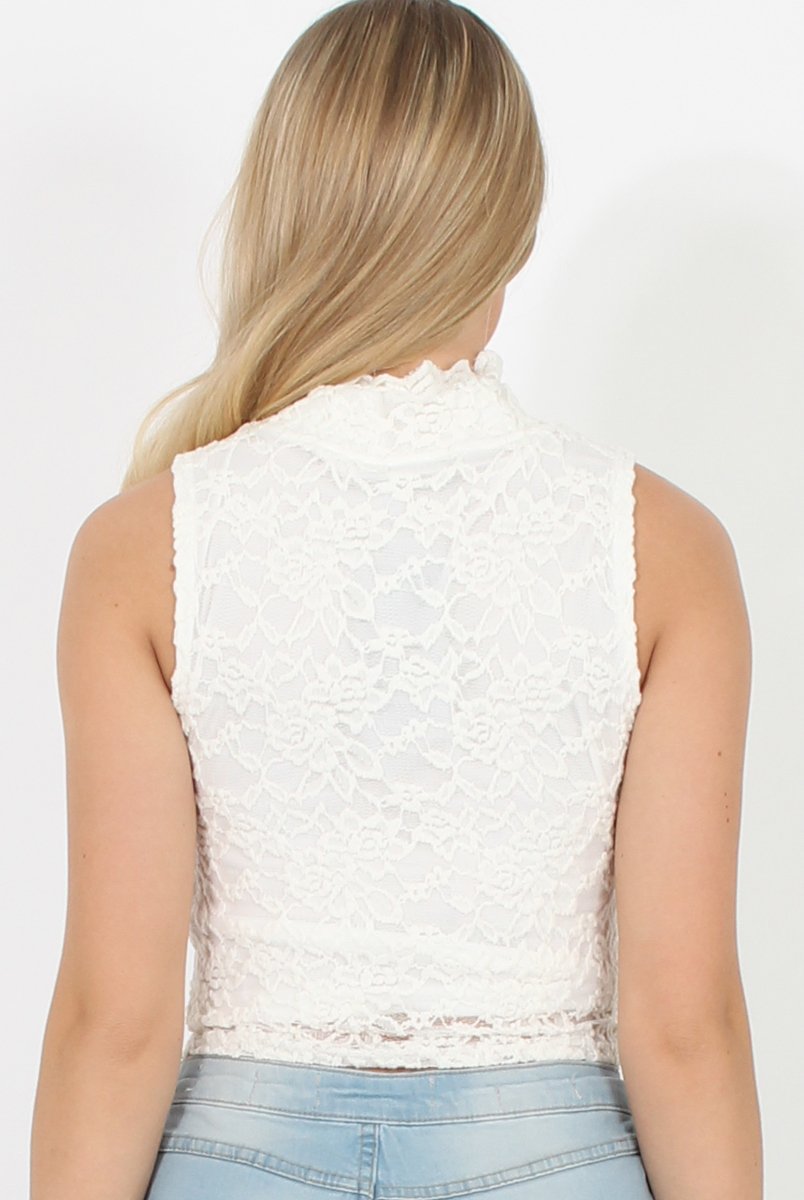 White Lace High Neck Top - Leni-Tops