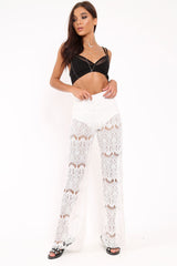 White Lace High Waist Wide Leg Trousers - Adaline-Trousers