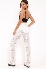 White Lace High Waist Wide Leg Trousers - Adaline-Trousers