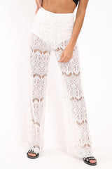 White Lace High Waist Wide Leg Trousers - Adaline-Trousers