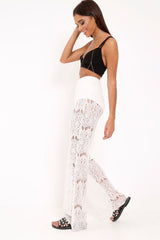 White Lace High Waist Wide Leg Trousers - Adaline-Trousers