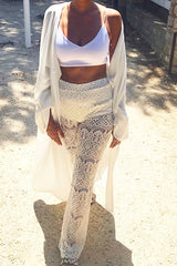 White Lace High Waist Wide Leg Trousers - Adaline-Trousers