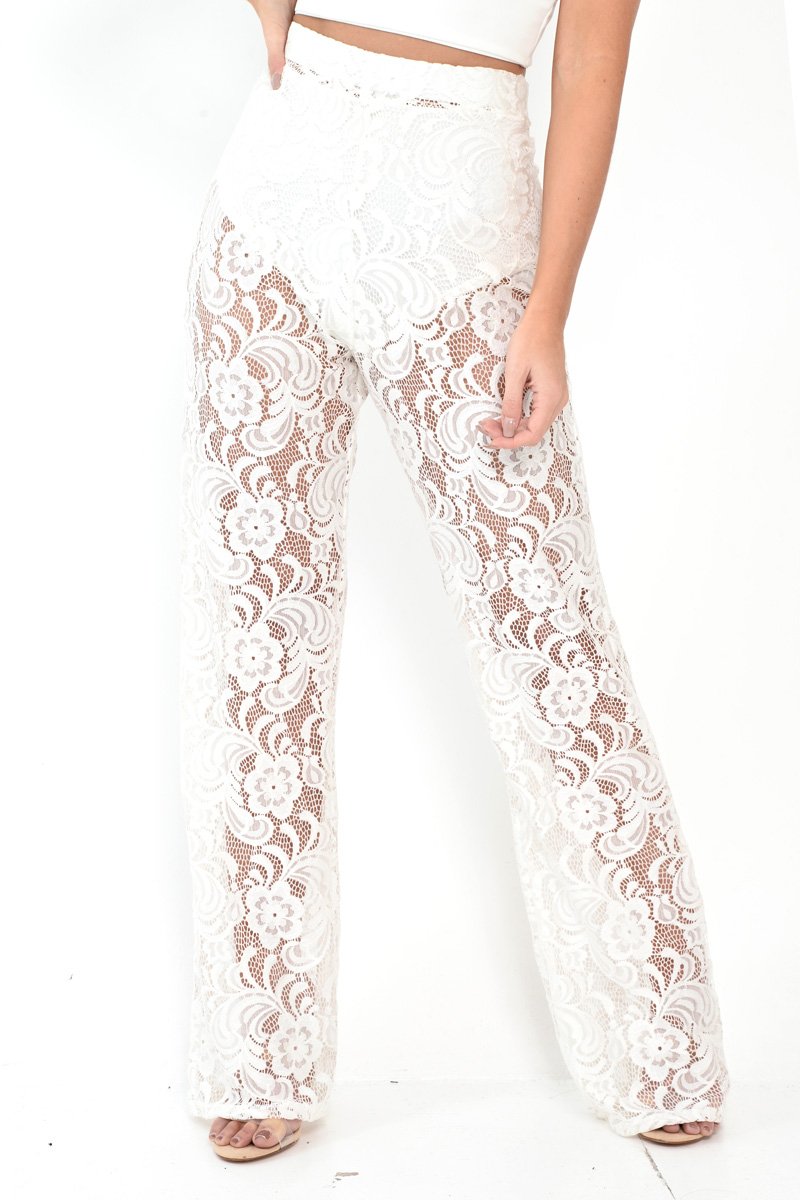White Lace High Waist Wide Leg Trousers - Irina-Trousers