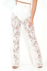 White Lace High Waist Wide Leg Trousers - Irina-Trousers