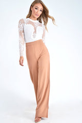 White Lace Mesh Insert Plunge Bodysuit - Taylen-Bodysuits