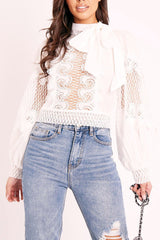 White Lace Panel Neck Tie Blouse - Ophia-Blouse
