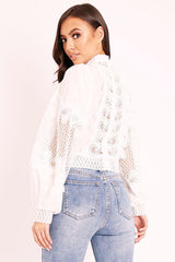 White Lace Panel Neck Tie Blouse - Ophia-Blouse