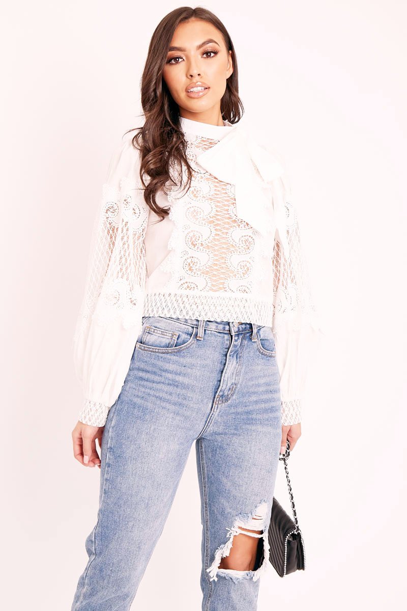 White Lace Panel Neck Tie Blouse - Ophia-Blouse
