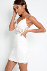 White Lace Plunge Bodycon Dress - Kally-Dresses