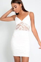 White Lace Plunge Bodycon Dress - Kally-Dresses