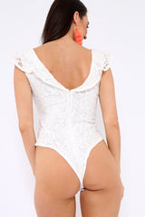 White Lace Plunge Frill Bodysuit - Maelani-Bodysuits
