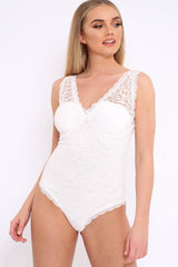 White Lace Plunge Front Padded Bodysuit - Kaarla-Bodysuits