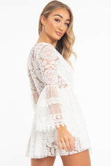 White Lace Plunge Wrap Bell Sleeve Mini Dress - Kristina-Dresses