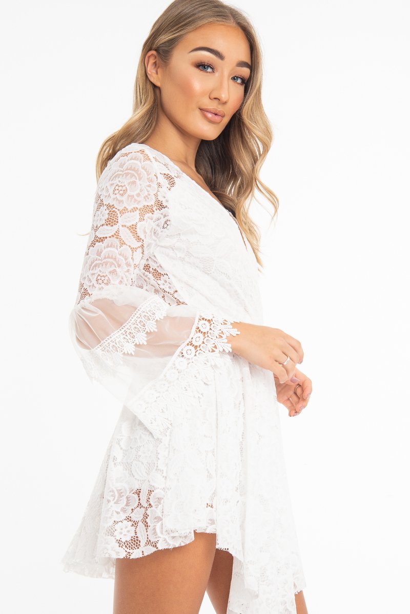 White Lace Plunge Wrap Bell Sleeve Mini Dress - Kristina-Dresses