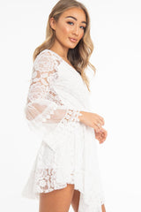 White Lace Plunge Wrap Bell Sleeve Mini Dress - Kristina-Dresses