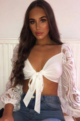 White Lace Puff Sleeve Tie Front Crop Blouse - Nishka-Blouse
