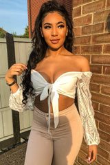 White Lace Puff Sleeve Tie Front Crop Blouse - Nishka-Blouse