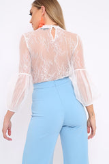 White Lace Sheer Blouse - Dollie-Tops