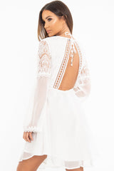 White Lace Sheer Detail Plunge Skater Dress - Mayci-Dresses