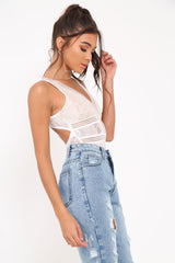White Lace Sleeveless Open Back Bodysuit - Molina-Bodysuits