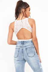 White Lace Sleeveless Open Back Bodysuit - Molina-Bodysuits