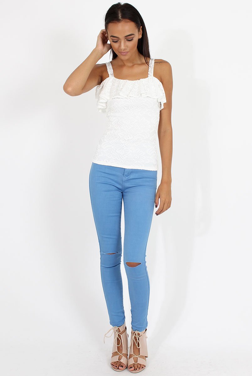 White Lace Strap Frill Top - Missy-Tops