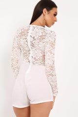 White Lace Top Plunge Playsuit - Nicha-Playsuits