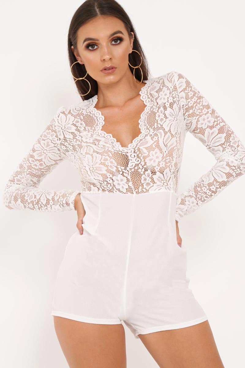 White Lace Top Plunge Playsuit - Nicha-Playsuits