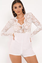White Lace Top Plunge Playsuit - Nicha-Playsuits