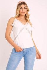White Lace Trim Cami Top - Analissa-Tops