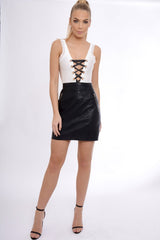 White Lace Trim Ribbon Lace Up Bodysuit - Shanna-Bodysuits