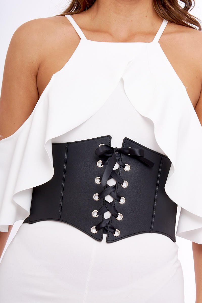White Lace Up Corset Belt Dress - Shlya-Dresses