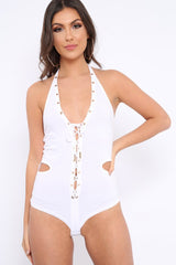 White Lace Up Front And Cut Out Side Bodysuit - Jaslin-Bodysuits